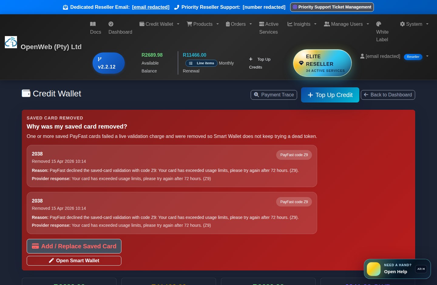 Current OpenWeb reseller panel screenshot: Credit wallet and Smart Wallet